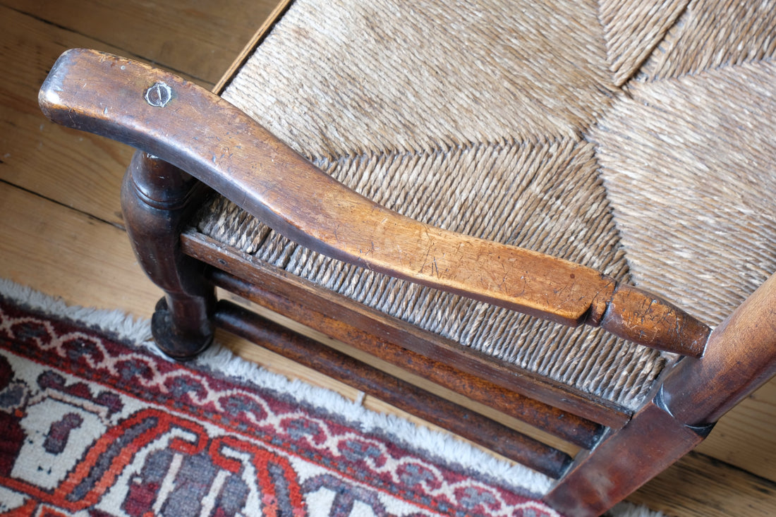 Antique Lancashire Oak Spindle Back Armchair with Rush Seat, 19th Century North Country Chair