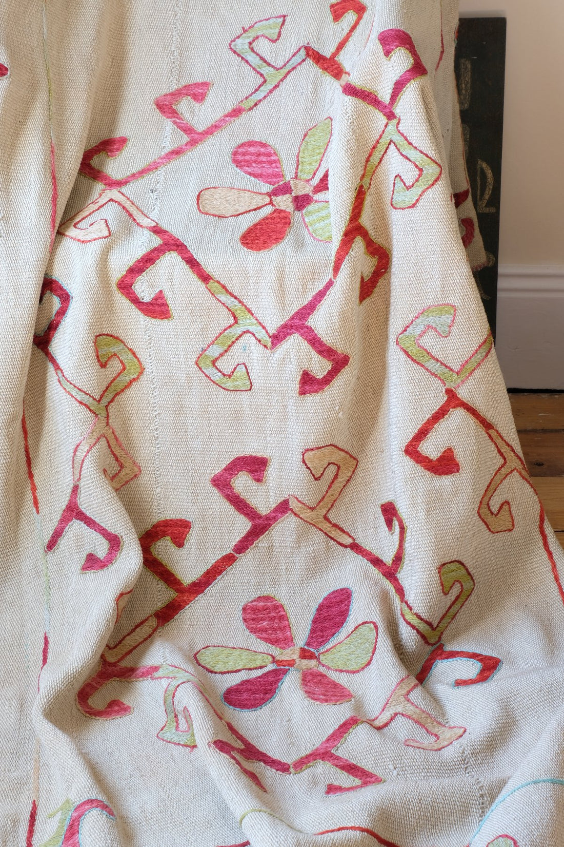 close up of chain stitching on a Large Uzbek Suzani Kilim Wall Hanging, Hand Embroidered Silk on Cotton Textile