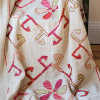 close up of chain stitching on a Large Uzbek Suzani Kilim Wall Hanging, Hand Embroidered Silk on Cotton Textile