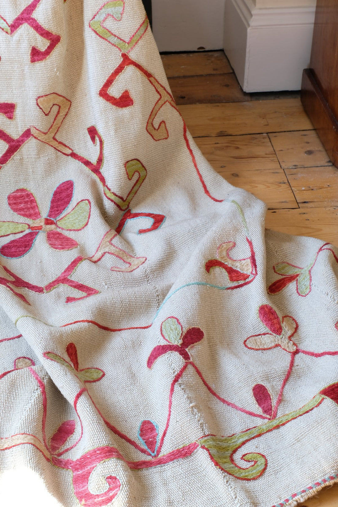 Large Uzbek Suzani embroidered textile silk on cotton floral lattice design