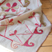 edge detail on a Large Uzbek Suzani embroidered textile silk on cotton floral lattice design