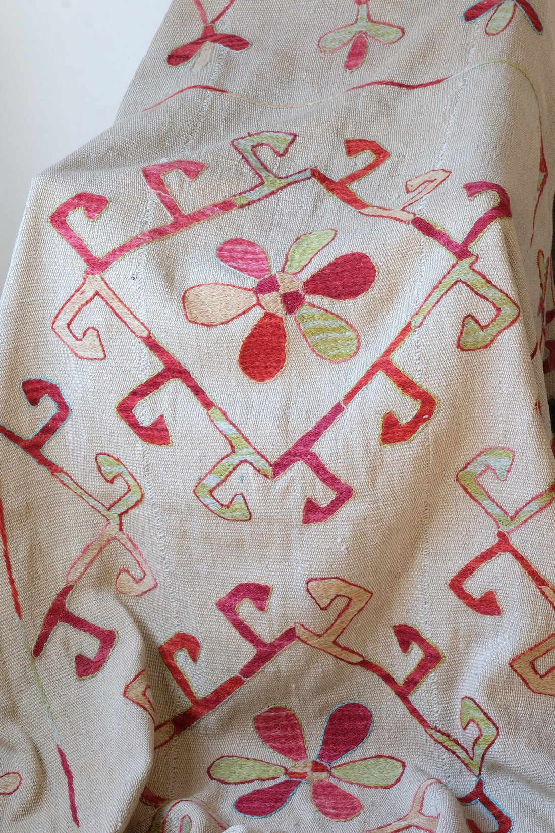 Central design on a Large Uzbek Suzani embroidered textile silk on cotton floral lattice design
