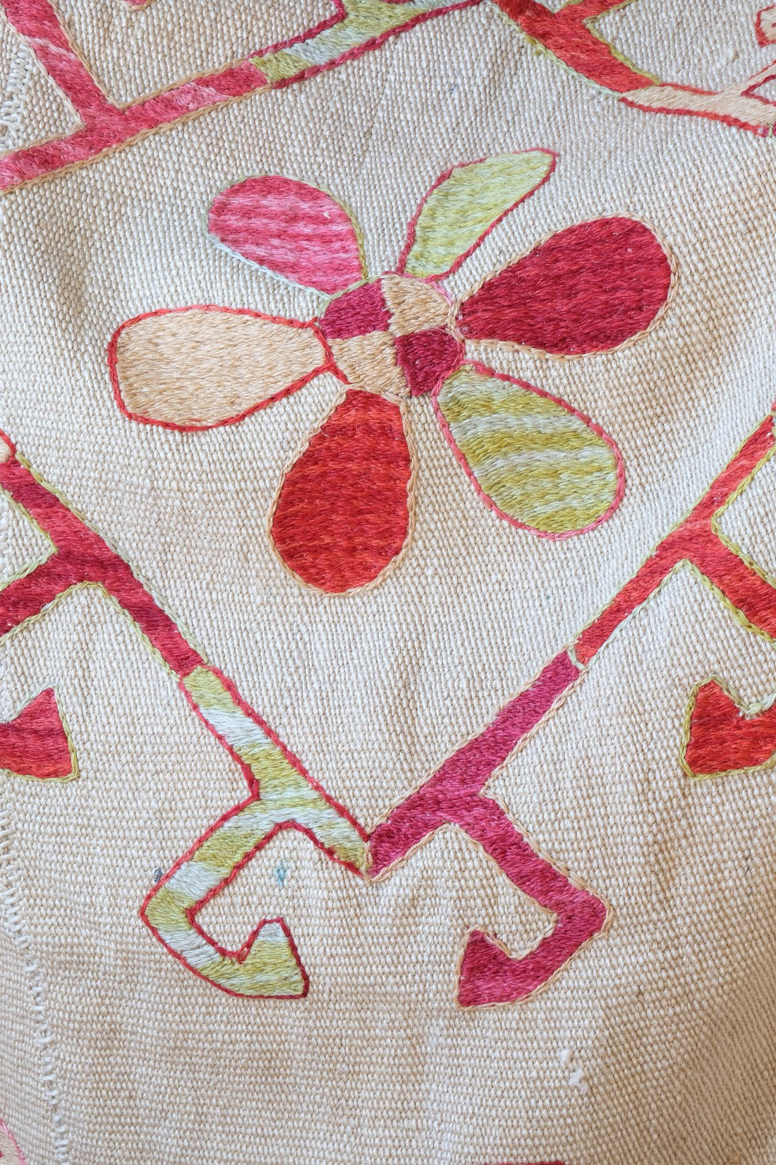 close up of chain stitching on a Large Uzbek Suzani Kilim Wall Hanging, Hand Embroidered Silk on Cotton Textile