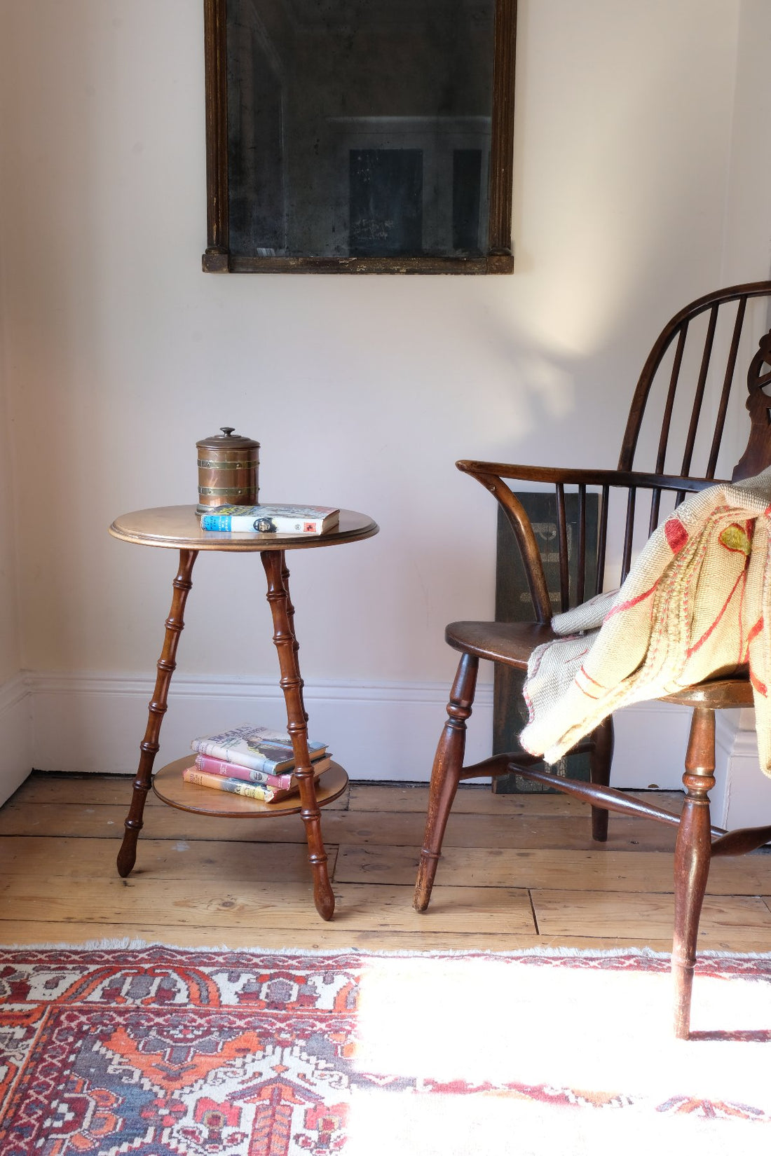 Room shot - Victorian mahogany cricket table with faux bamboo legs and two-tone finish