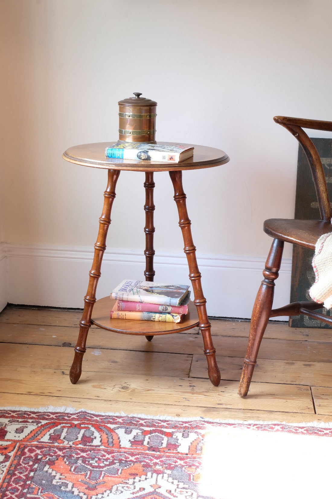 Victorian mahogany cricket table with faux bamboo legs and two-tone finish