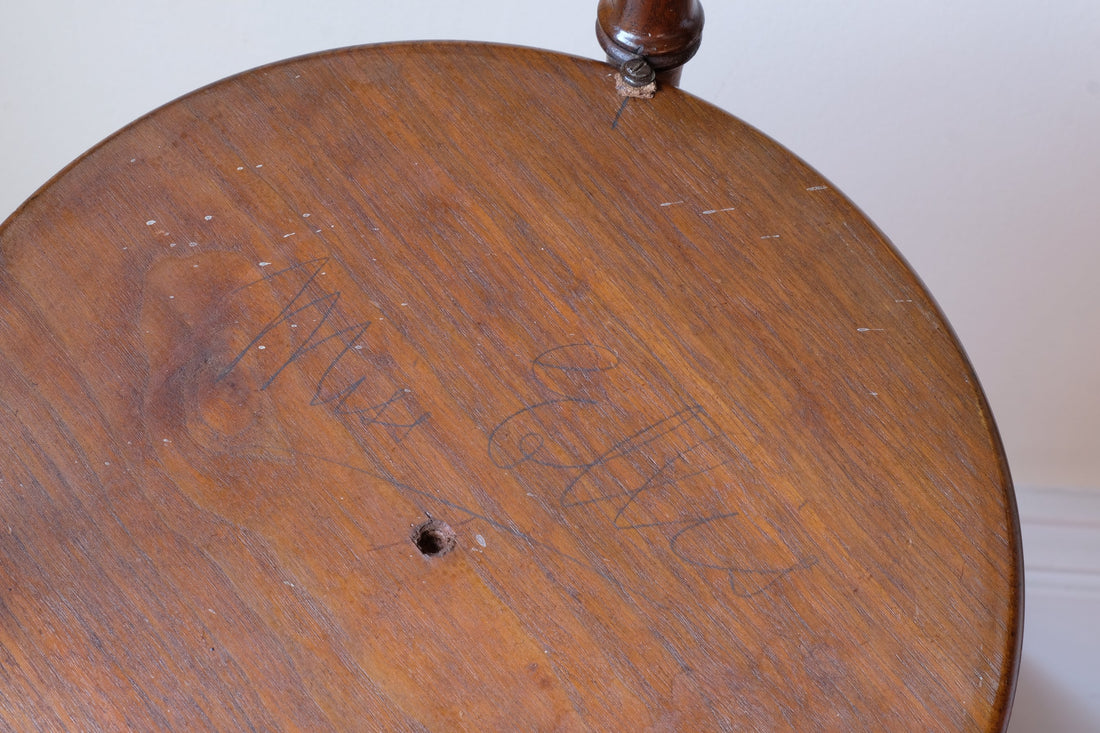 Customers name written of the base - Victorian mahogany cricket table with faux bamboo legs and two-tone finish