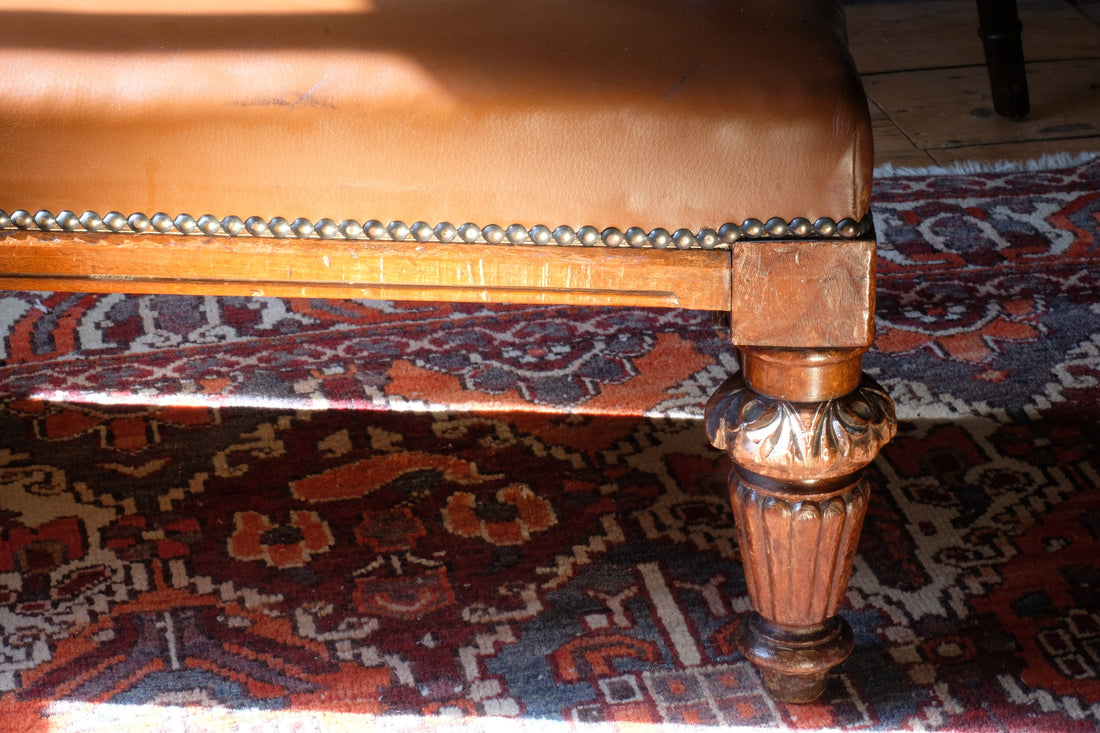 close up of carved leg - Victorian Oak and Leather Masonic Kneeling Bench Brighton Lodge Provenance