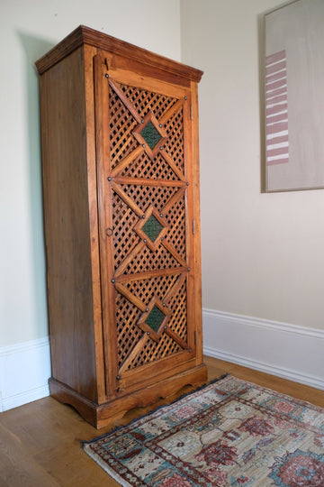 Indian Teak Armoire With Lattice & Glass Single Door