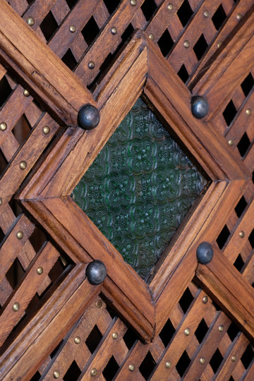 Vintage Linen Cupboard With Lattice Door With Stained Glass