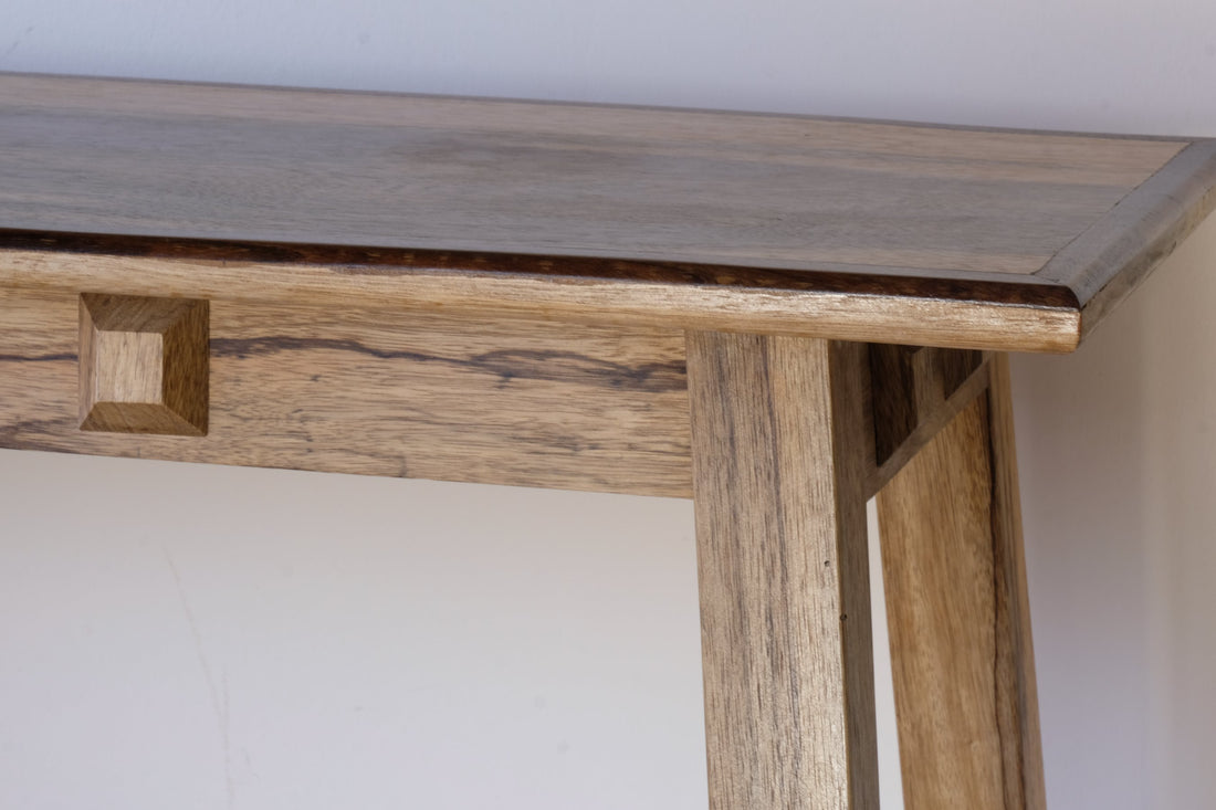 close up -Arts & Crafts Mission Style Console Table – Solid Black Limba Wood