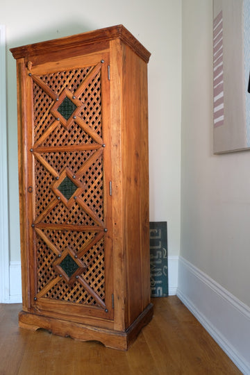 Indian Teak Armoire With Lattice & Glass Single Door