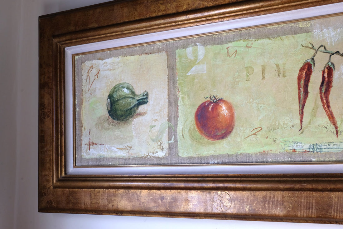 close up - Abstract Triptych Oil On Canvas Fruit Painting by F Ferron – 20th Century Still Life Art