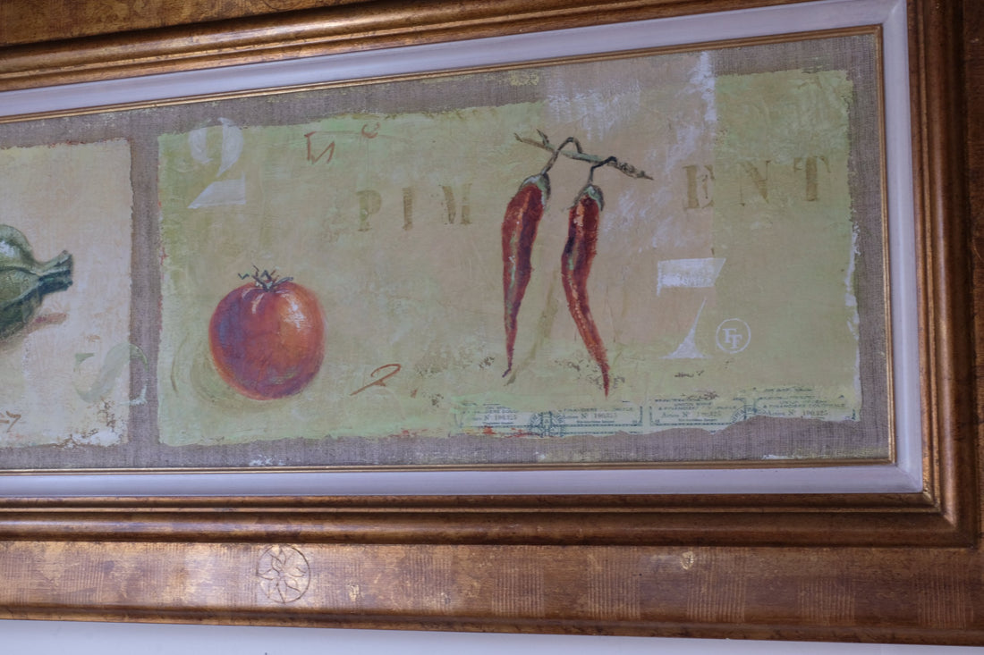 close up - Abstract Triptych Oil On Canvas Fruit Painting by F Ferron – 20th Century Still Life Art