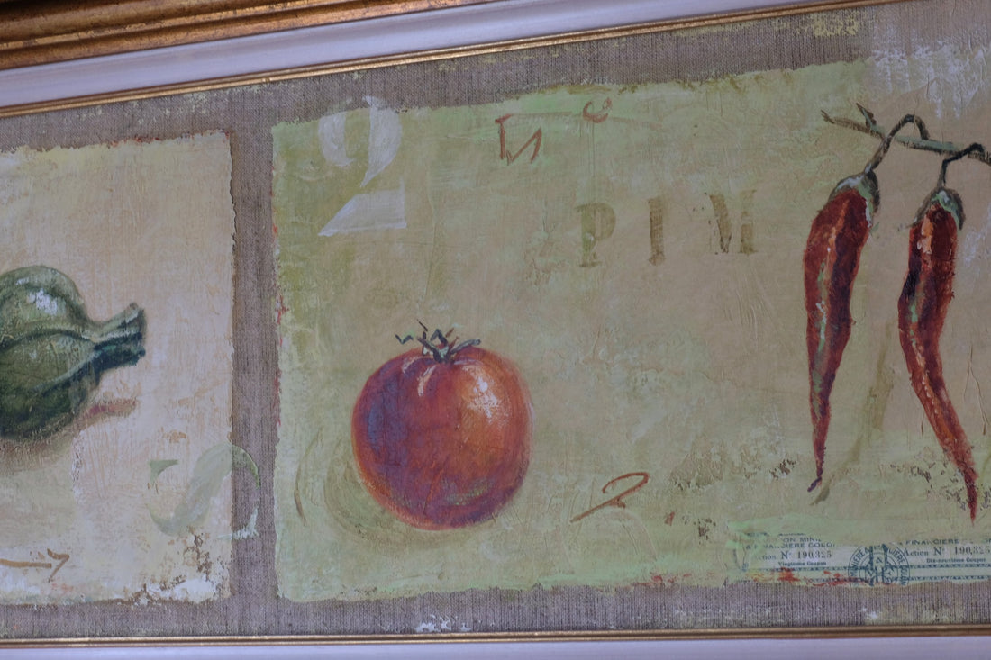 close up of fruit - Abstract Triptych Oil On Canvas Fruit Painting by F Ferron – 20th Century Still Life Art