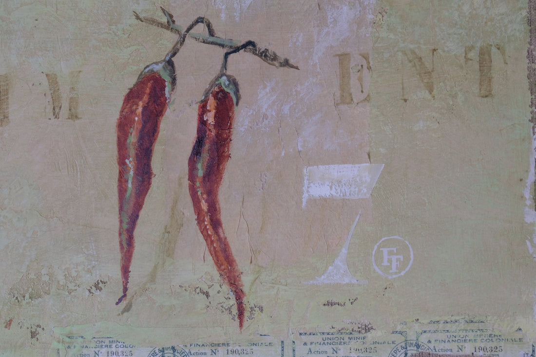 close up - Abstract Triptych Oil On Canvas Fruit Painting by F Ferron – 20th Century Still Life Art