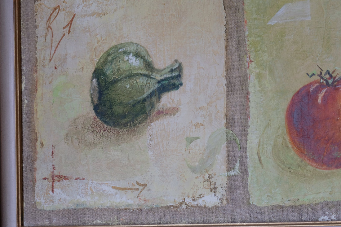 close up - Abstract Triptych Oil On Canvas Fruit Painting by F Ferron – 20th Century Still Life Art