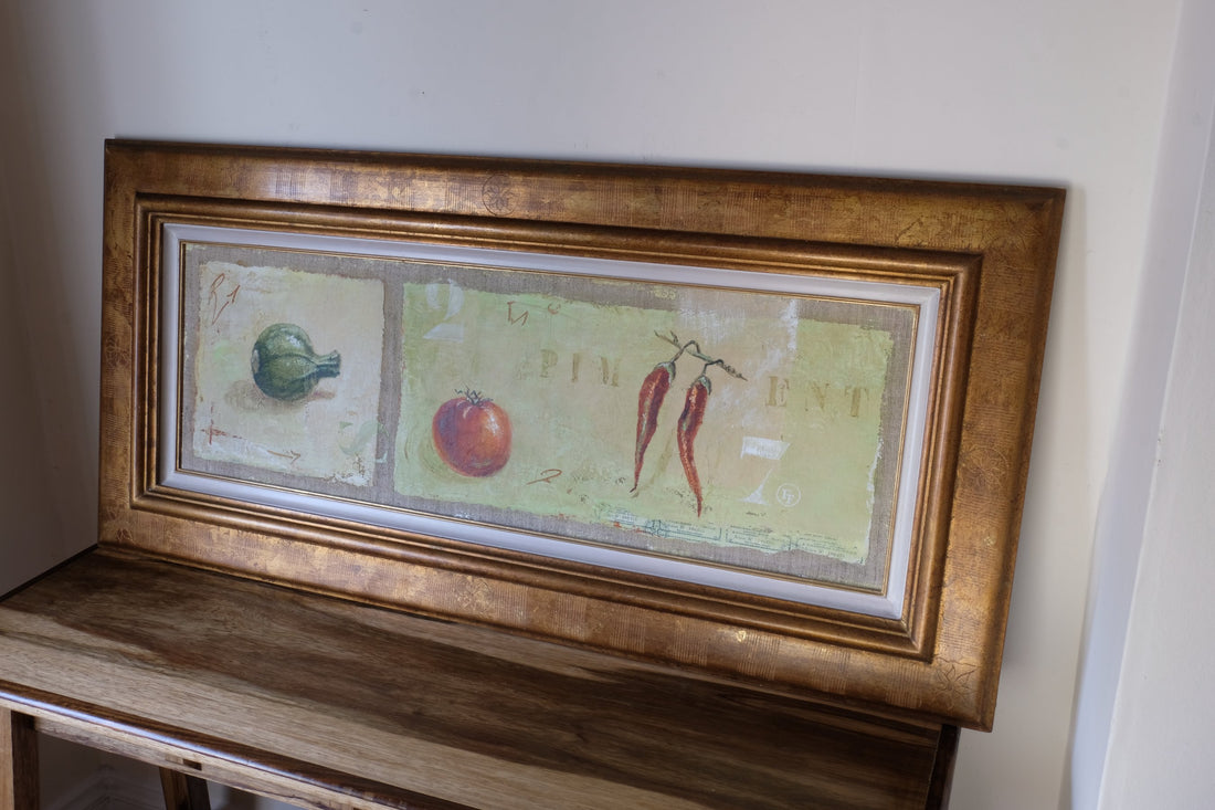 close up - Abstract Triptych Oil On Canvas Fruit Painting by F Ferron – 20th Century Still Life Art