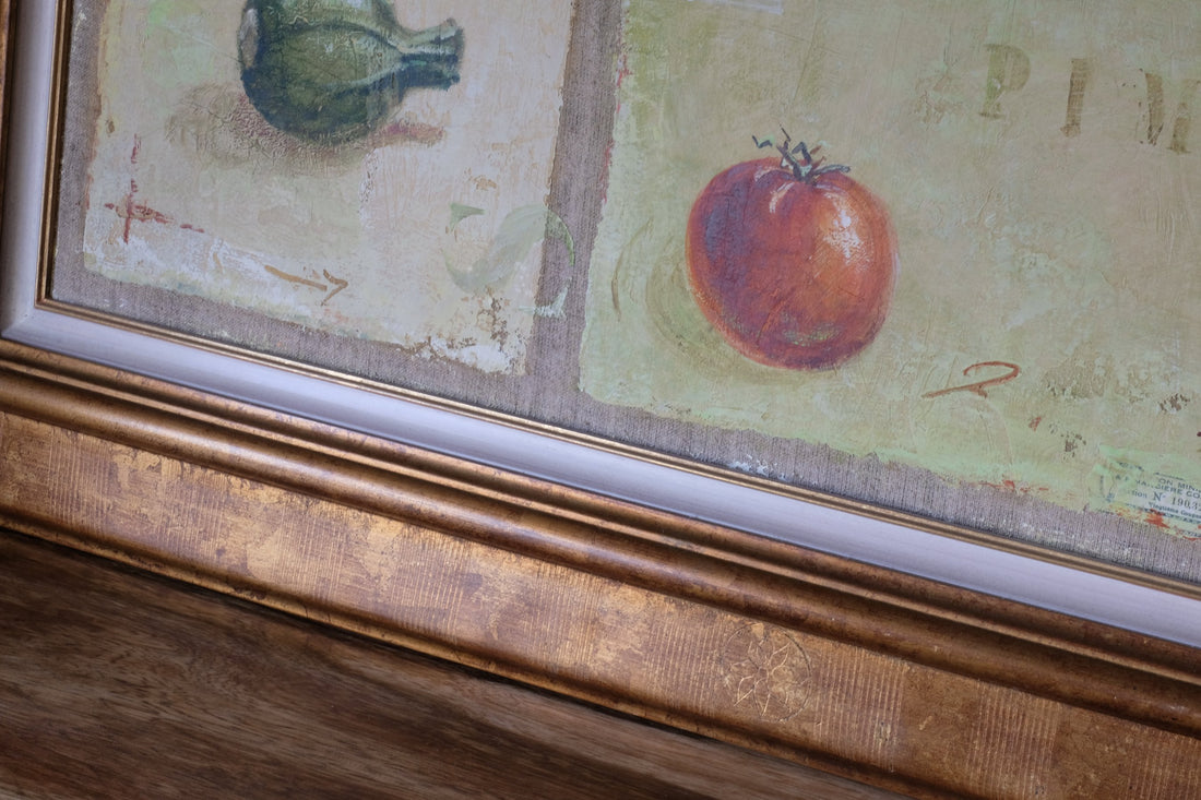 frame close up - Abstract Triptych Oil On Canvas Fruit Painting by F Ferron – 20th Century Still Life Art