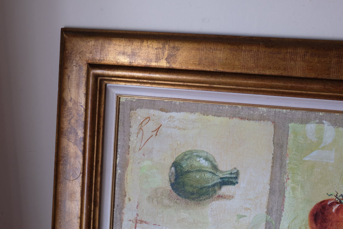 close up - Abstract Triptych Oil On Canvas Fruit Painting by F Ferron – 20th Century Still Life Art