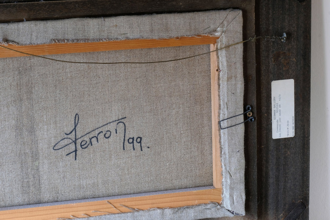 signed by the artist - close up - Abstract Triptych Oil On Canvas Fruit Painting by F Ferron – 20th Century Still Life Art