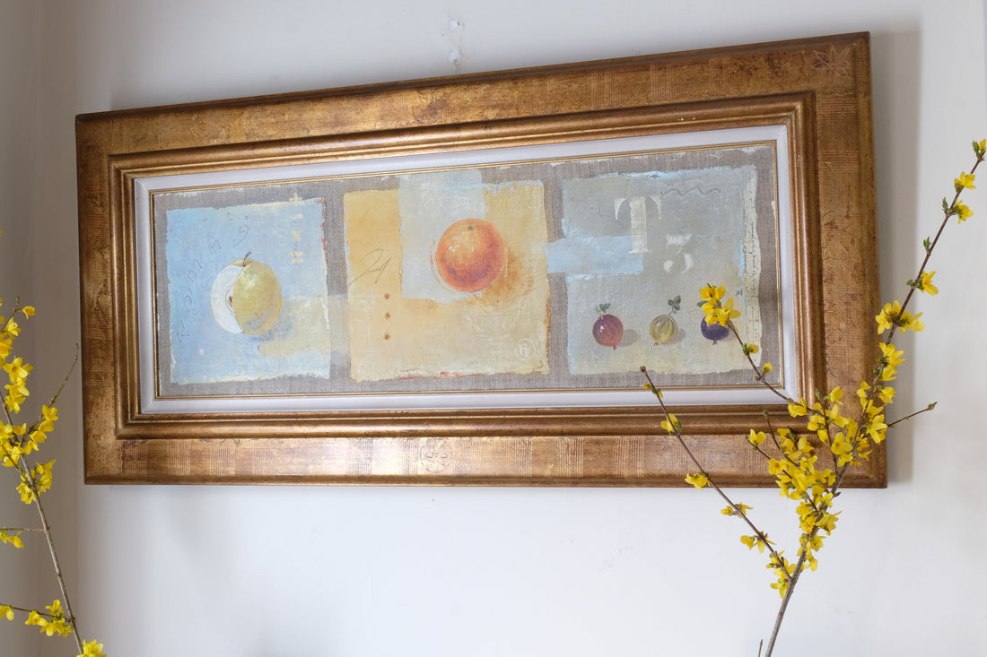 Triptych Oil on Canvas Fruit Painting by Frederique Ferron – Abstract Still Life Art