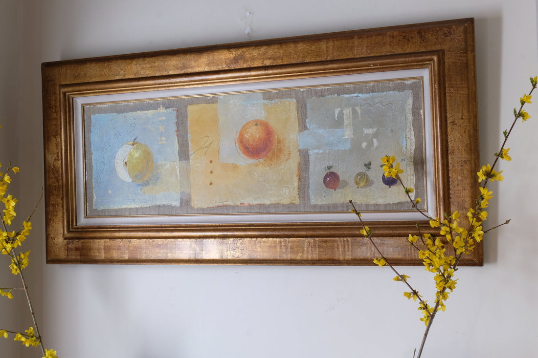 Triptych Oil on Canvas Fruit Painting by Frederique Ferron – Abstract Still Life Art