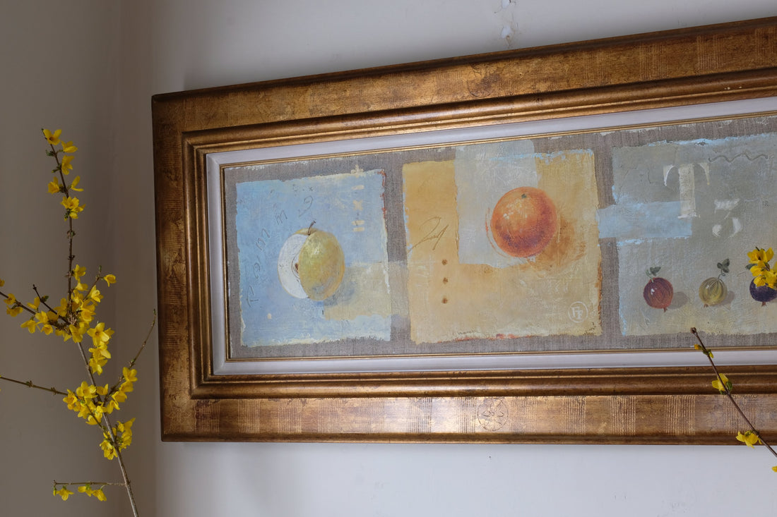 Triptych Oil on Canvas Fruit Painting by Frederique Ferron – Abstract Still Life Art