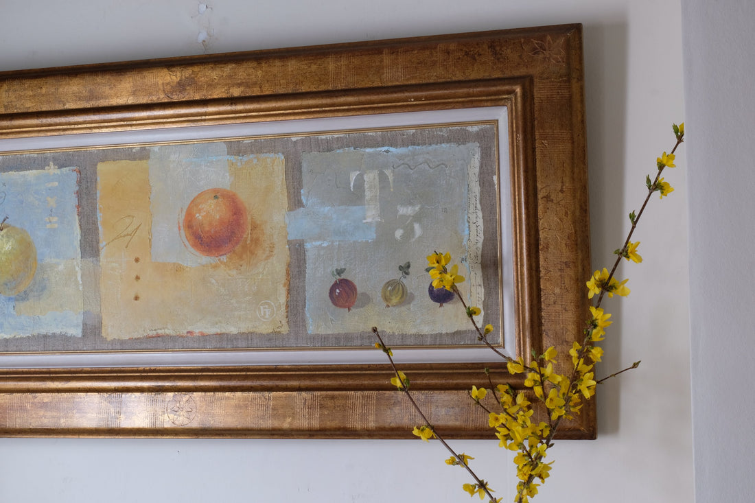 Triptych Oil on Canvas Fruit Painting by Frederique Ferron – Abstract Still Life Art