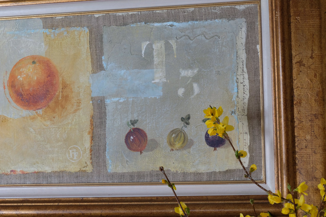 Triptych Oil on Canvas Fruit Painting by Frederique Ferron – Abstract Still Life Art