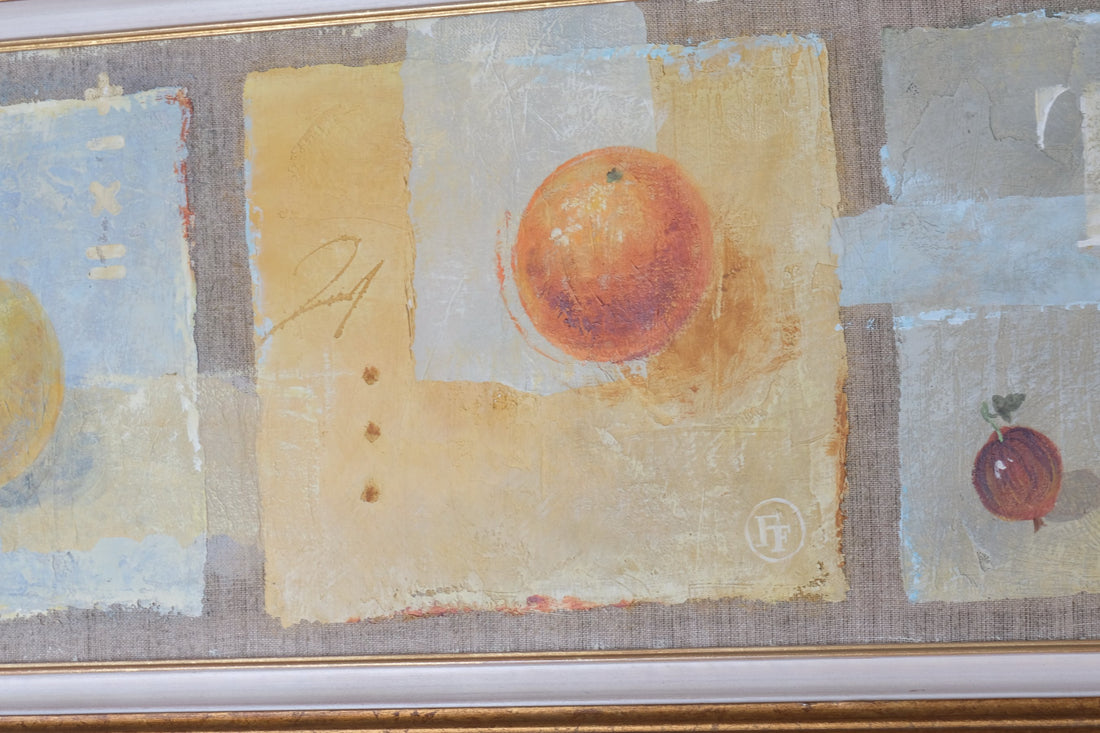 Triptych Oil on Canvas Fruit Painting by Frederique Ferron – Abstract Still Life Art