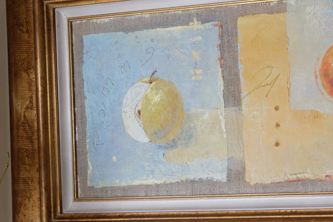 Triptych Oil on Canvas Fruit Painting by Frederique Ferron – Abstract Still Life Art