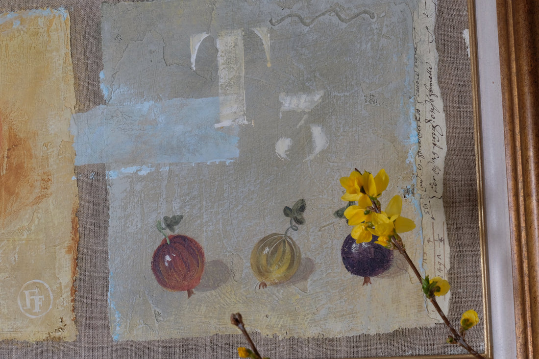 close up - Triptych Oil on Canvas Fruit Painting by Frederique Ferron – Abstract Still Life Art