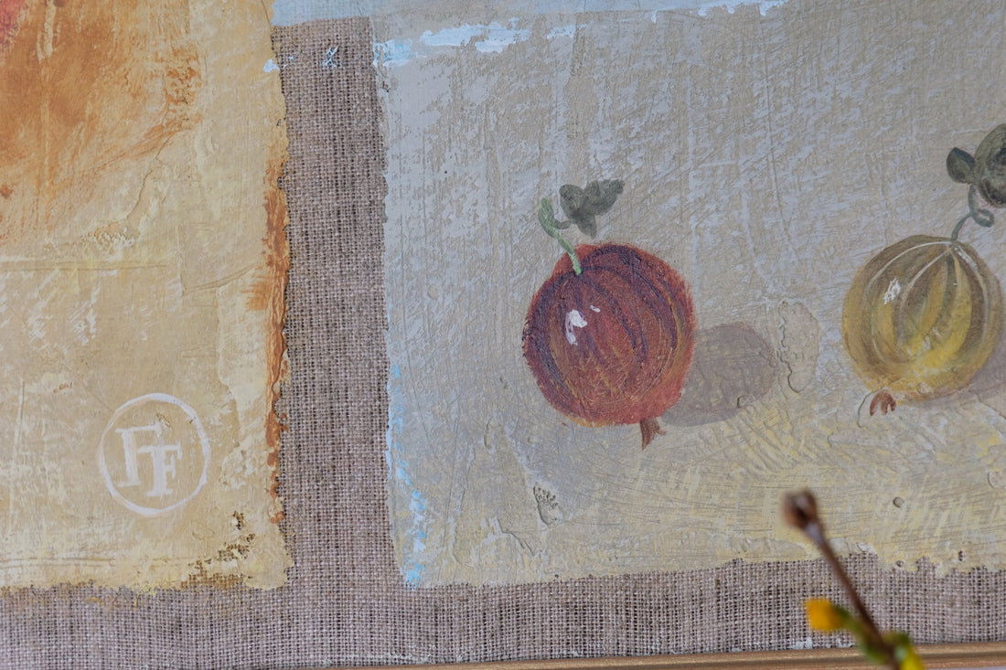 Unfinished style revealing raw linen canvas - Triptych Oil on Canvas Fruit Painting by Frederique Ferron – Abstract Still Life Art
