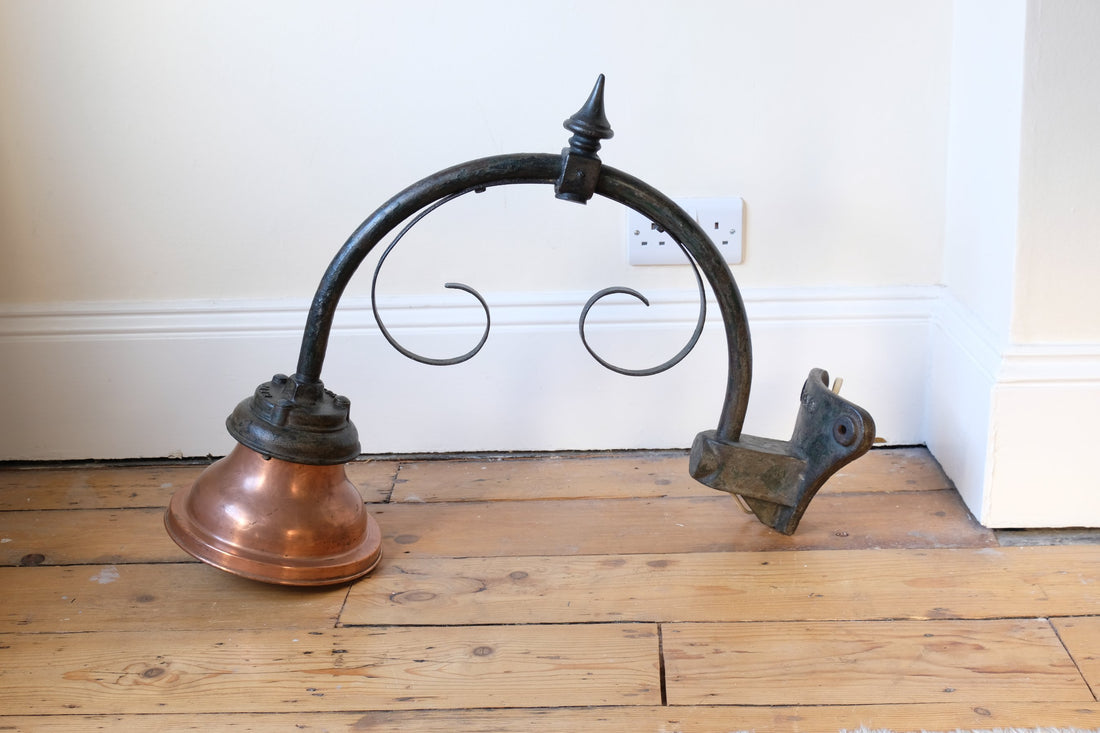 1930s Revo Tipton cast iron and copper swan neck street lamp