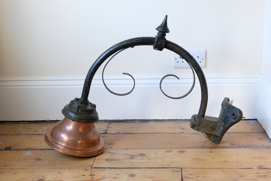 1930s Revo Tipton cast iron and copper swan neck street lamp