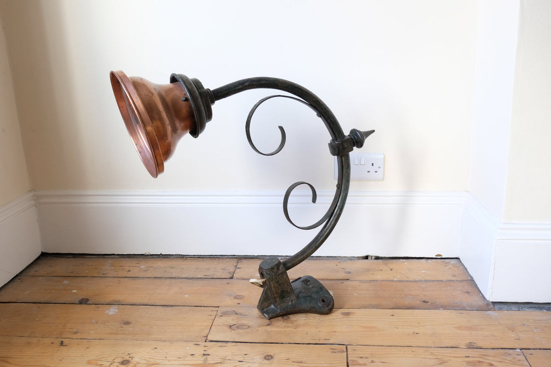 1930s Revo Tipton cast iron and copper swan neck street lamp