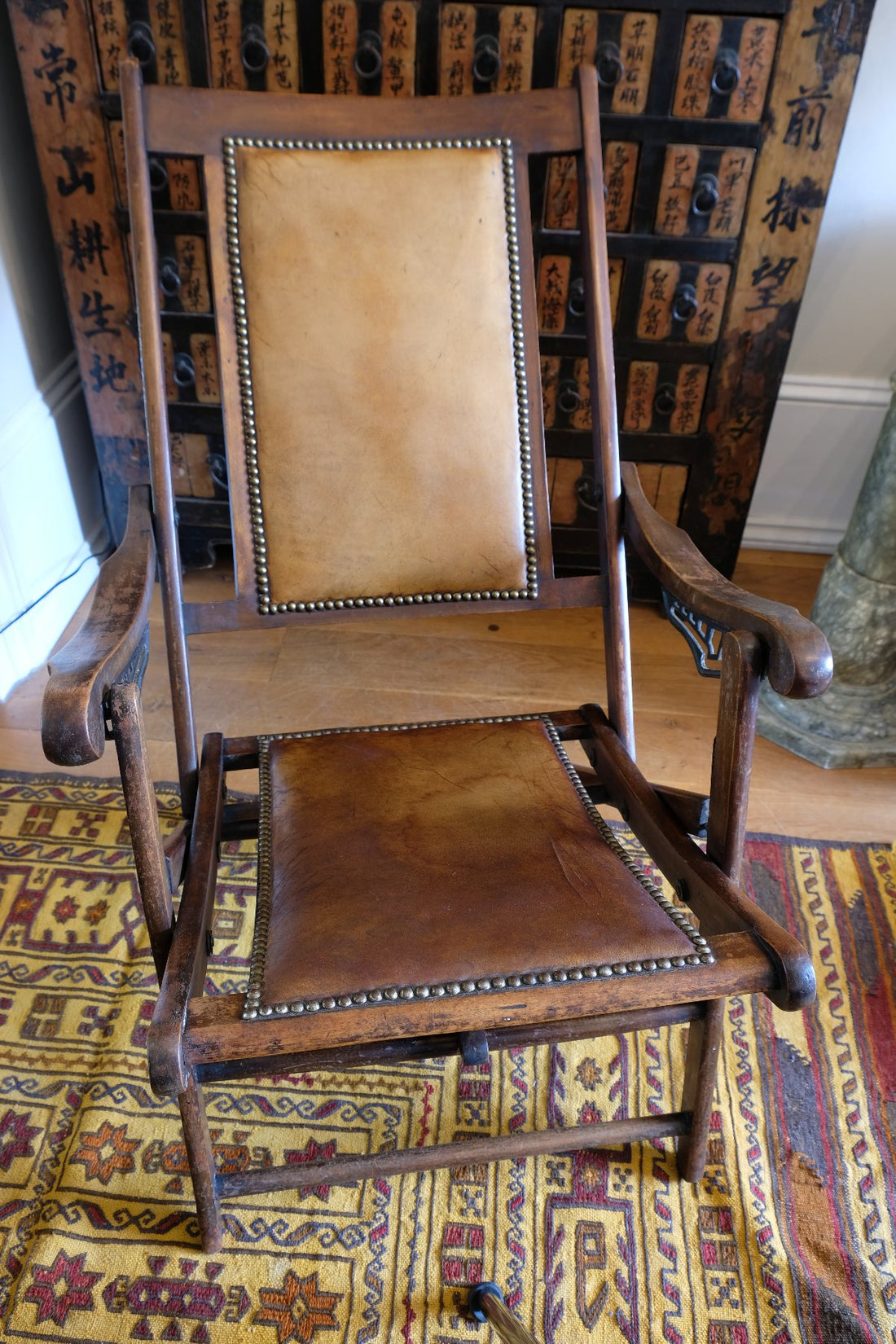 Victorian brass studded leather folding campaign chair reclining armchair circa 1875