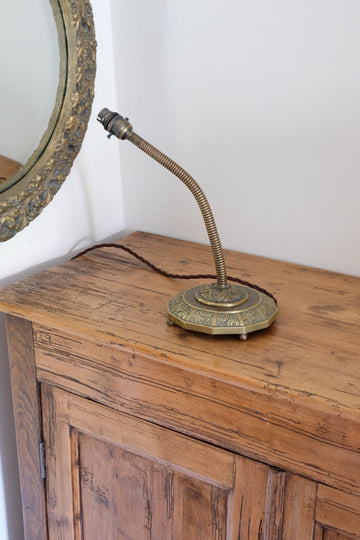 Arts & Crafts Brass Table Lamp with Flexible Stem, Hendecagon Base, c. 1900–1920
