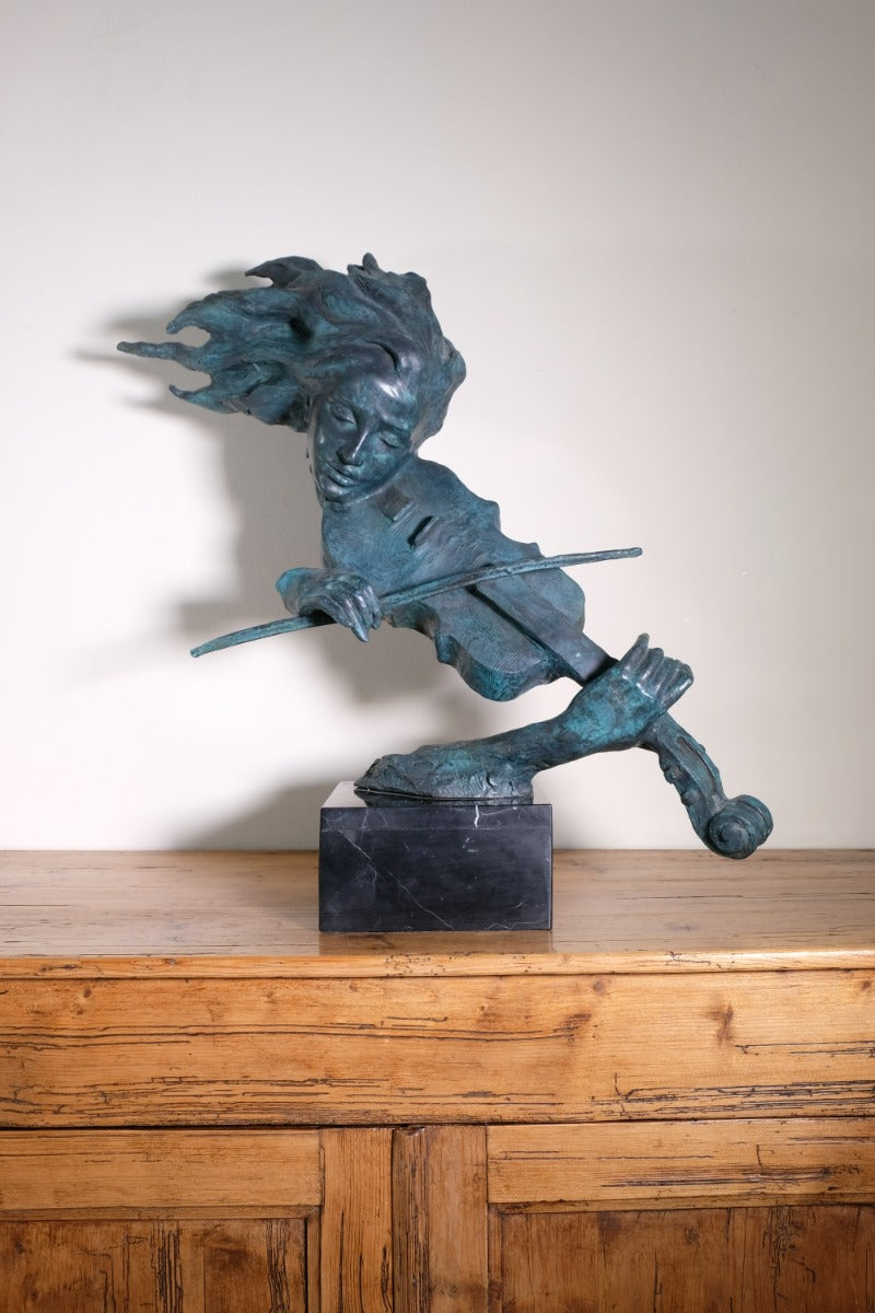 Large Bronze Sculpture Of A Lady Violin Player With A Verdigris Patination