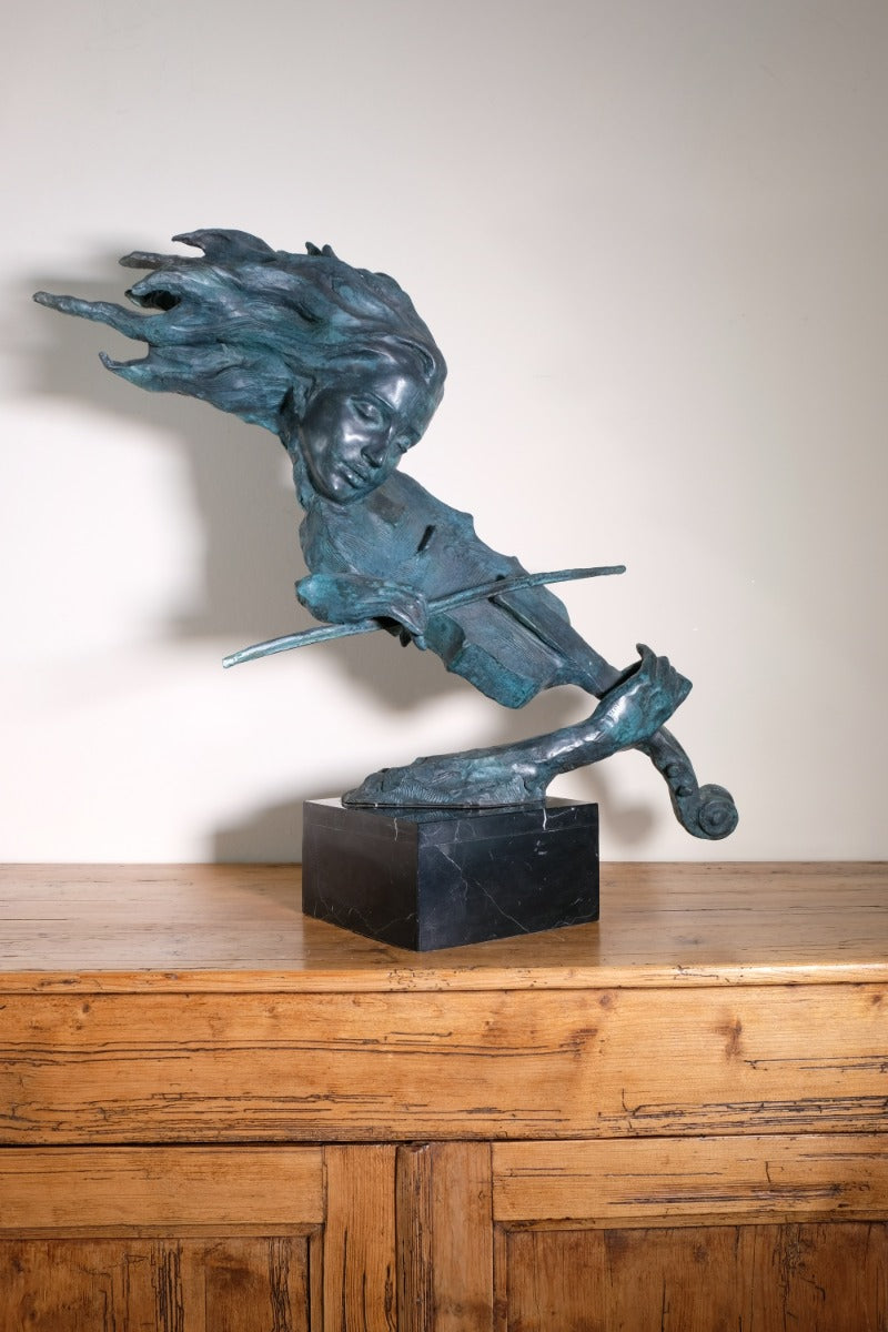 Large Bronze Sculpture Of A Lady Violin Player With A Verdigris Patination