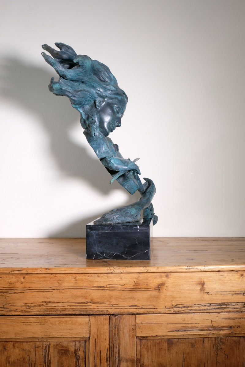 Large Bronze Sculpture Of A Lady Violin Player With A Verdigris Patination