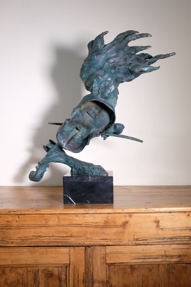 Large Bronze Sculpture Of A Lady Violin Player With A Verdigris Patination