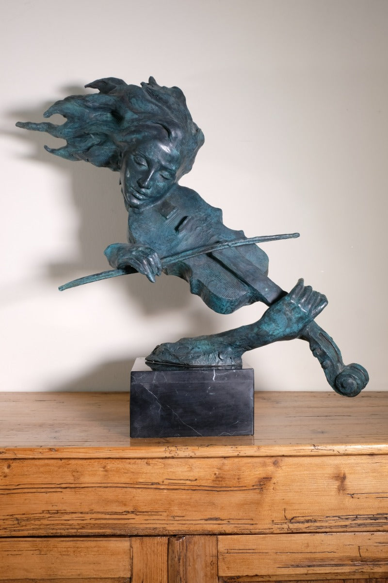 Large Bronze Sculpture Of A Lady Violin Player With A Verdigris Patination