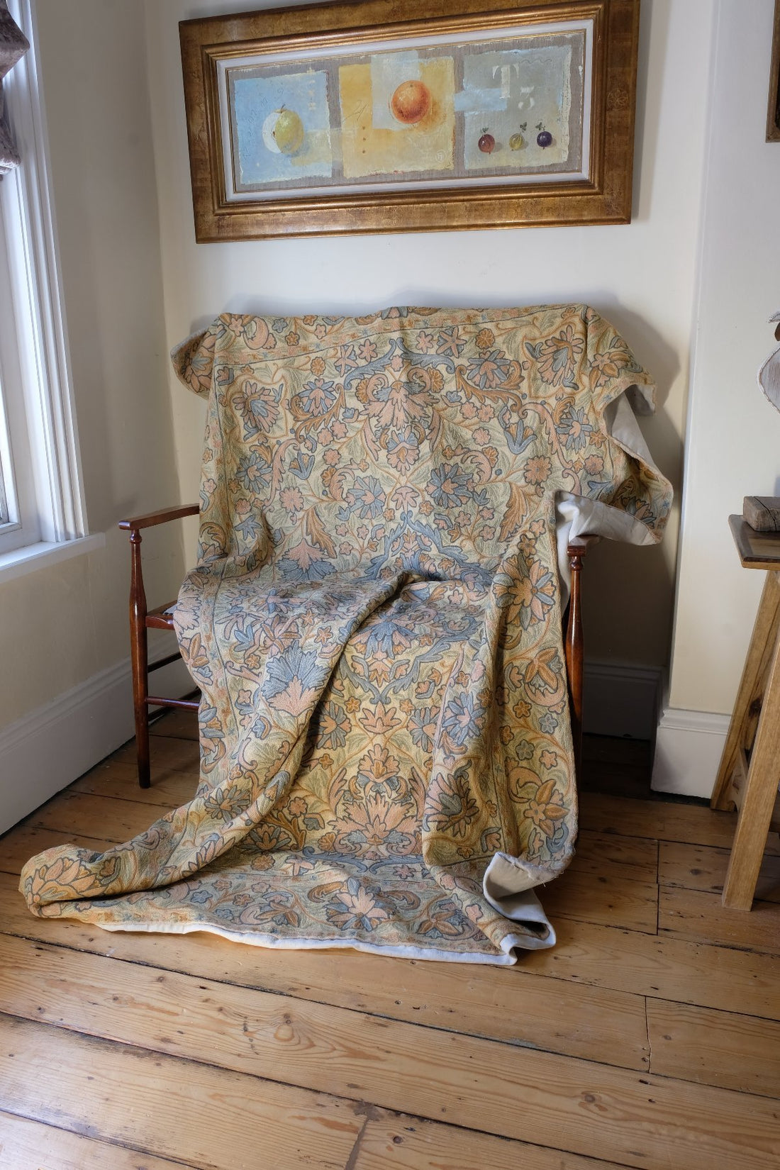 William Morris inspired Arts and Crafts chain stitch tapestry wall hanging textile panel