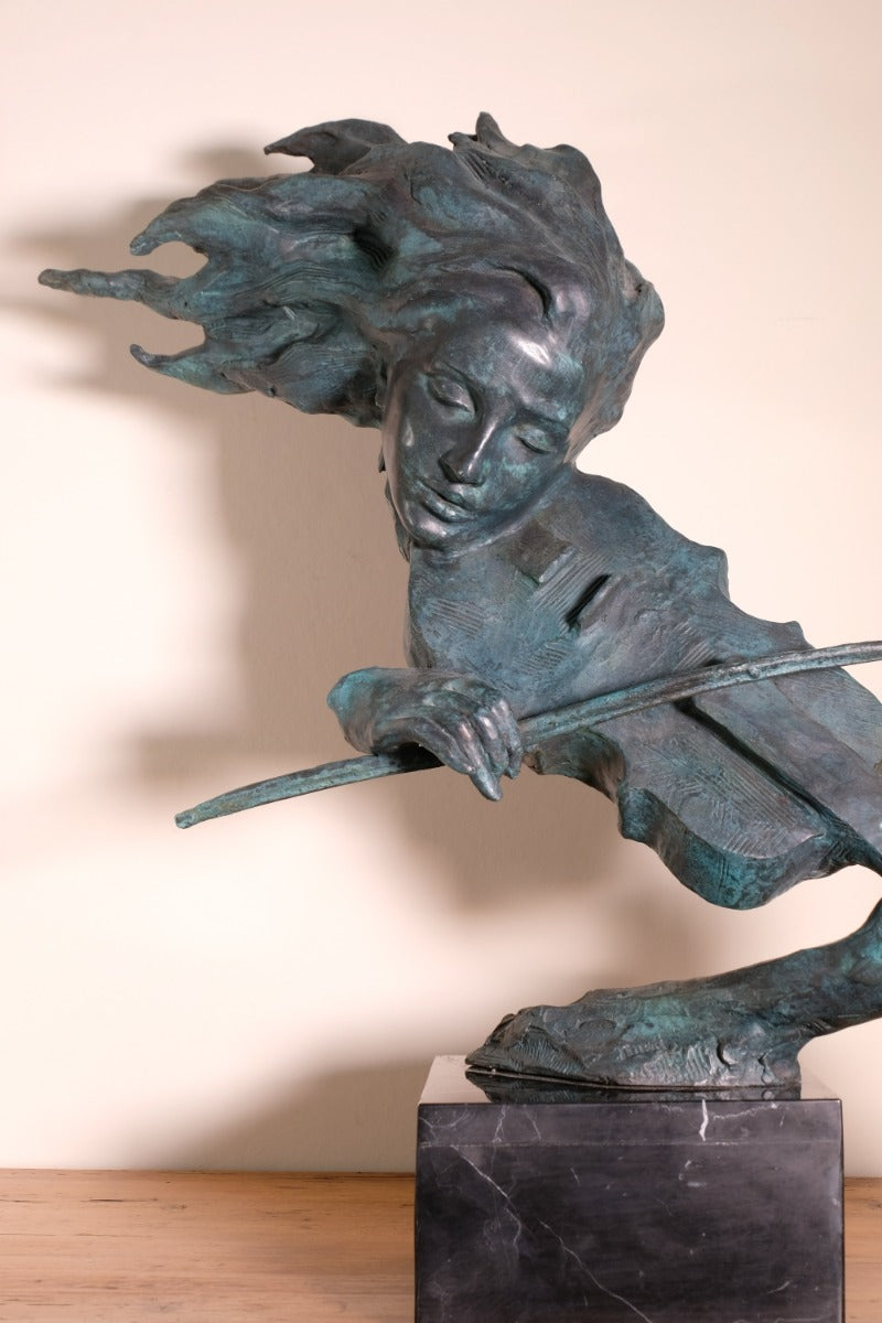 Large Bronze Sculpture Of A Lady Violin Player With A Verdigris Patination