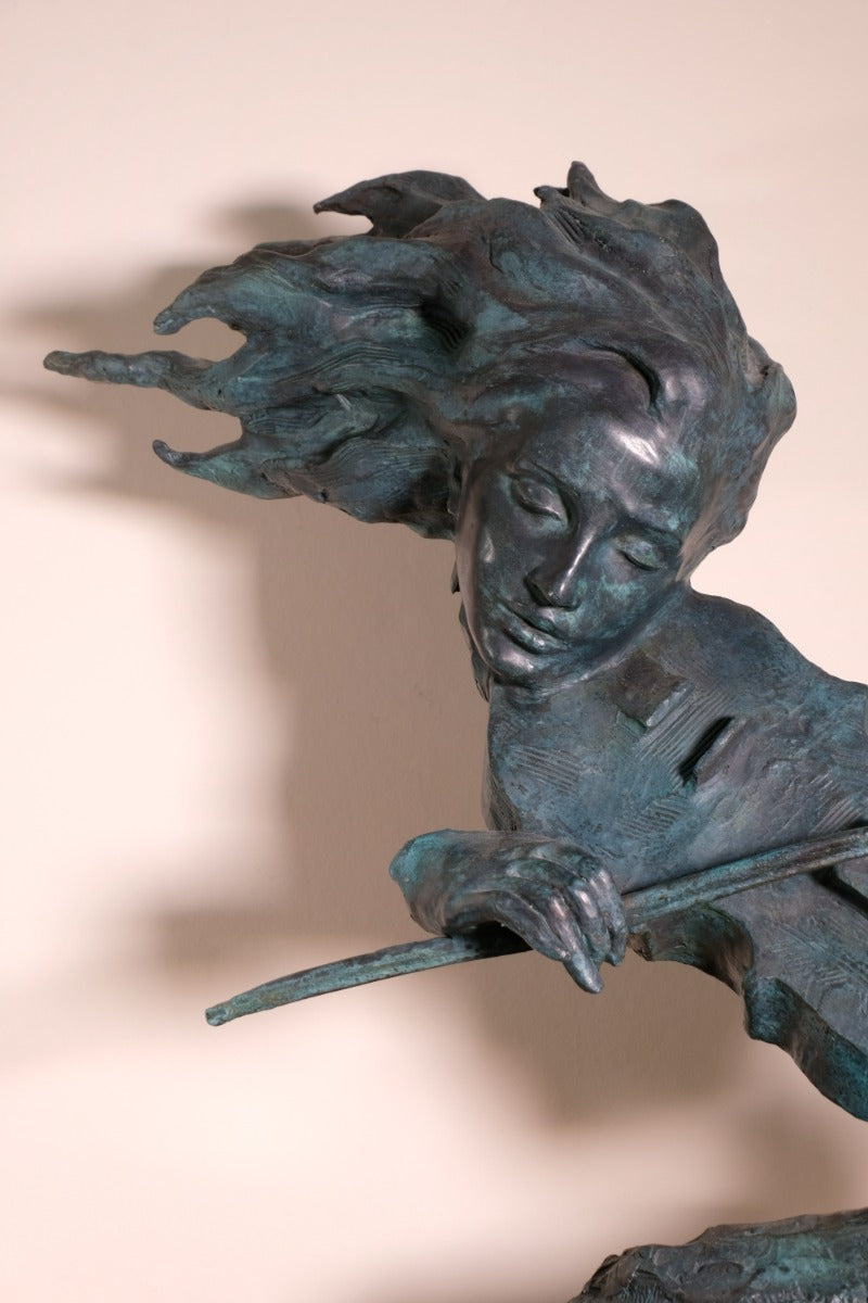 Large Bronze Sculpture Of A Lady Violin Player With A Verdigris Patination