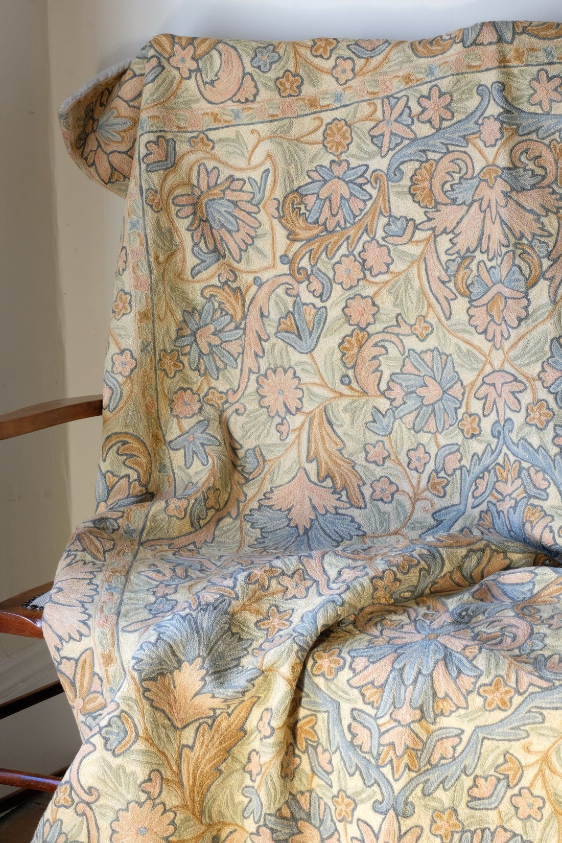 close up of a William Morris inspired Arts and Crafts chain stitch tapestry wall hanging textile panel