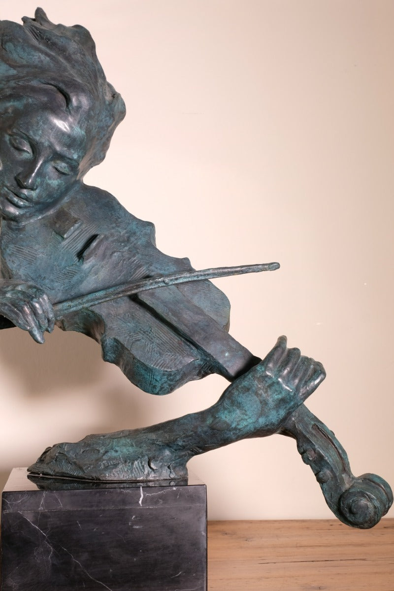 Large Bronze Sculpture Of A Lady Violin Player With A Verdigris Patination