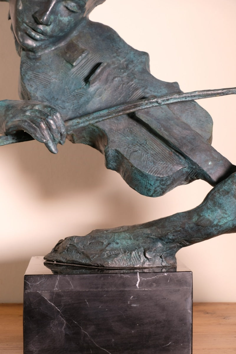 Large Bronze Sculpture Of A Lady Violin Player With A Verdigris Patination