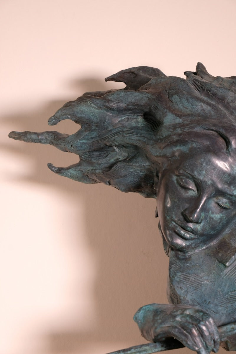 Large Bronze Sculpture Of A Lady Violin Player With A Verdigris Patination